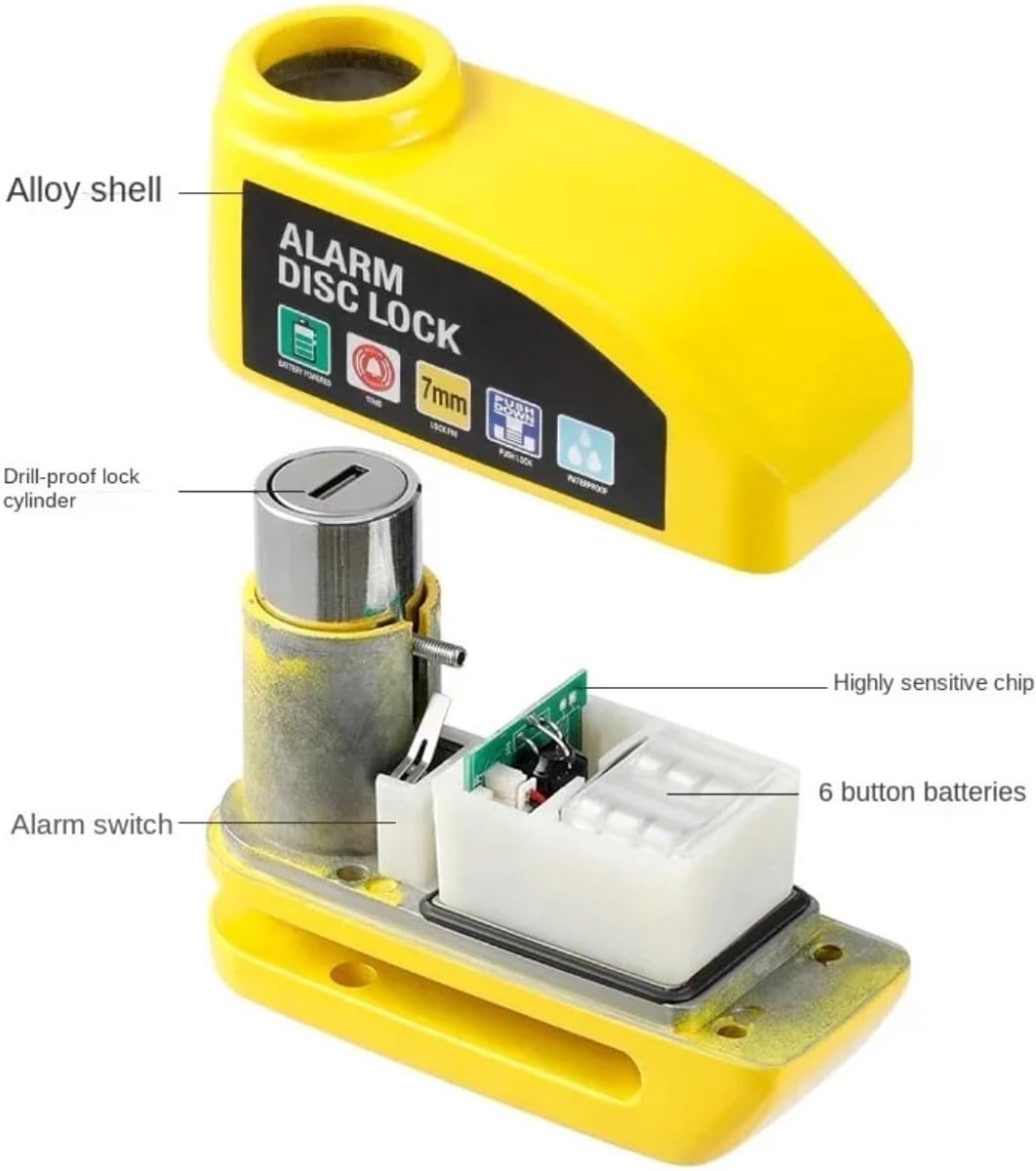 Brake disc lock with alarm - With reminder cable - 7 mm - Motorcycle lock - Scooter lock V1188-MS-313-0465
