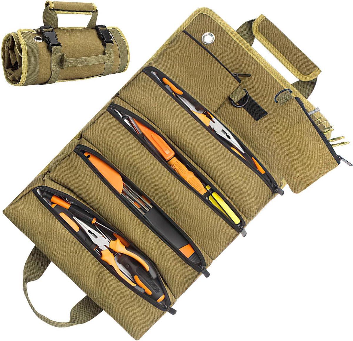 Roll-up tool bag - Tool belt - Open tool bag - with adjustable strap - Drill holder - Canvas - Roll-up pouch V1188-MS-313-0472