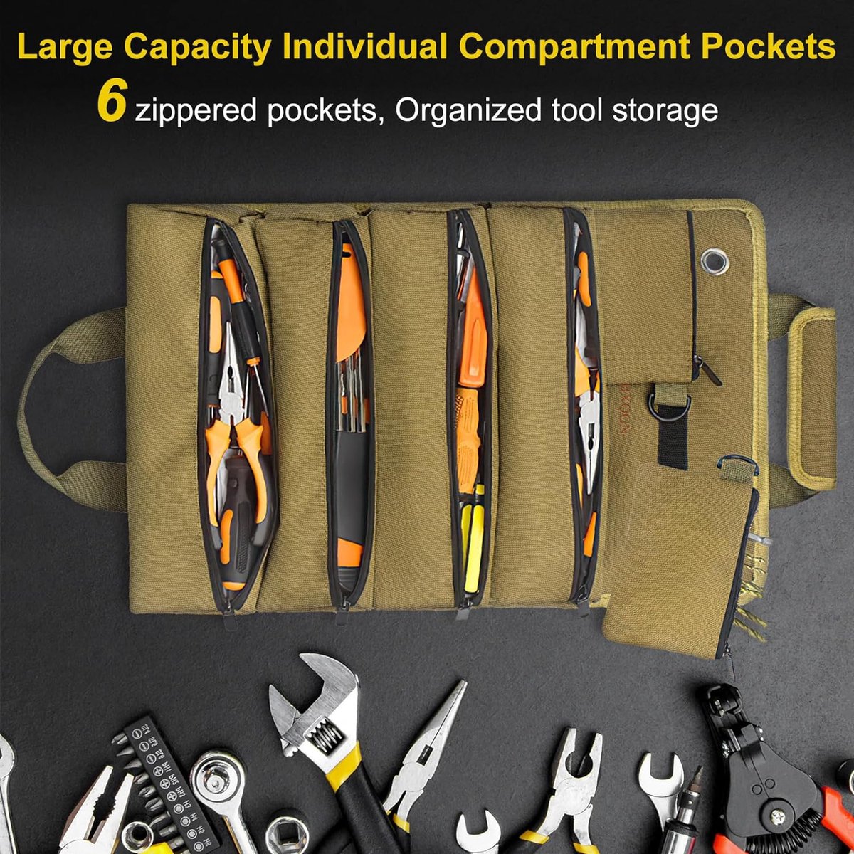 Roll-up tool bag - Tool belt - Open tool bag - with adjustable strap - Drill holder - Canvas - Roll-up pouch V1188-MS-313-0472