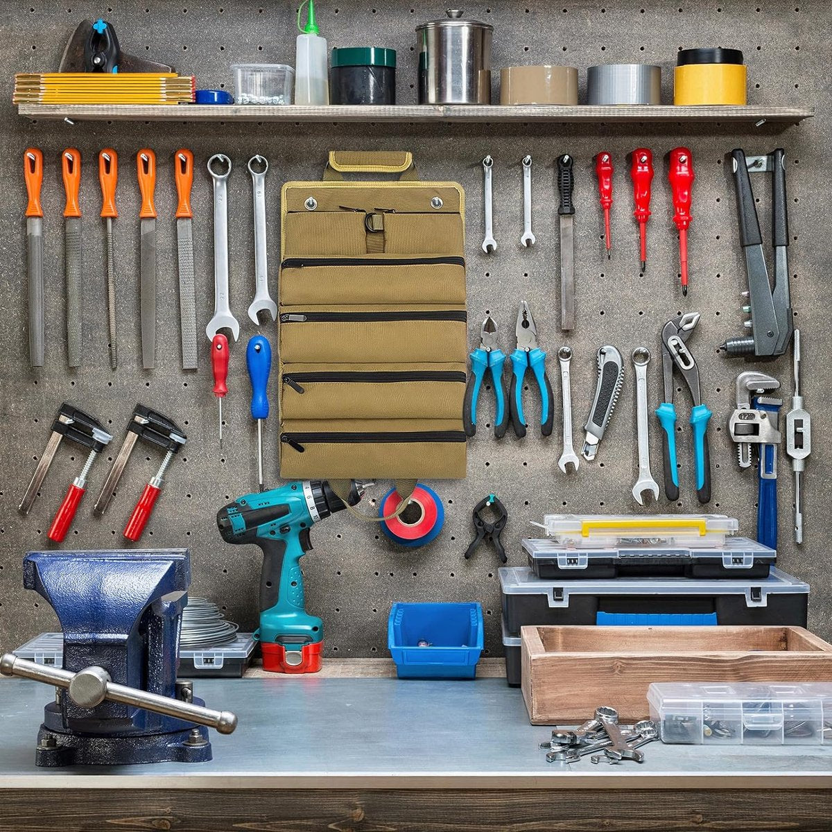 Roll-up tool bag - Tool belt - Open tool bag - with adjustable strap - Drill holder - Canvas - Roll-up pouch V1188-MS-313-0472