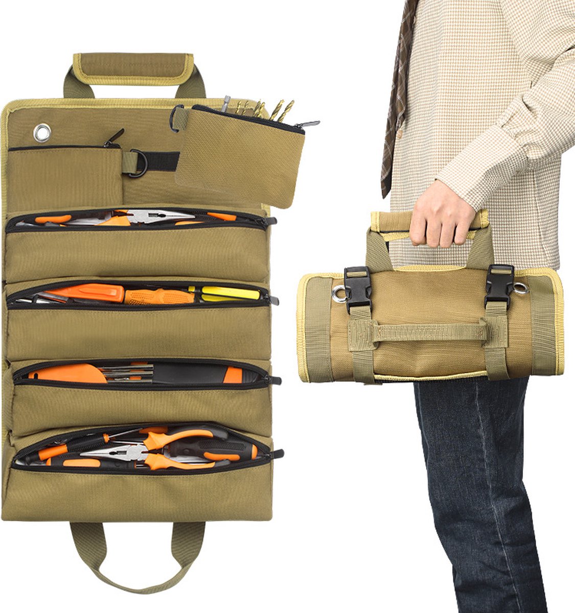 Roll-up tool bag - Tool belt - Open tool bag - with adjustable strap - Drill holder - Canvas - Roll-up pouch V1188-MS-313-0472