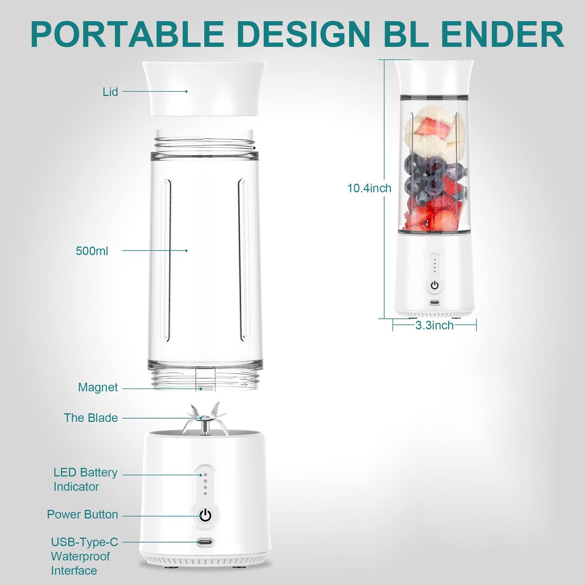 Blender - Mini Blender - Smoothie Maker - USB Rechargeable Mini Blender - Portable Blender for Milkshakes, V1188-MS-313-0477