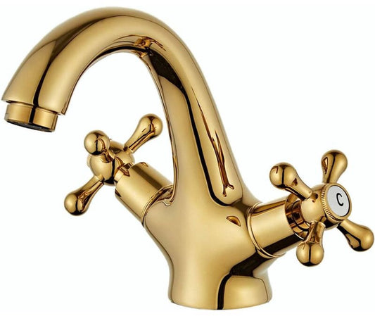 Set of 100 retro two-handle basin taps, in vintage antique brass, with cross handle, elegant design and V1188-MS-313-0483