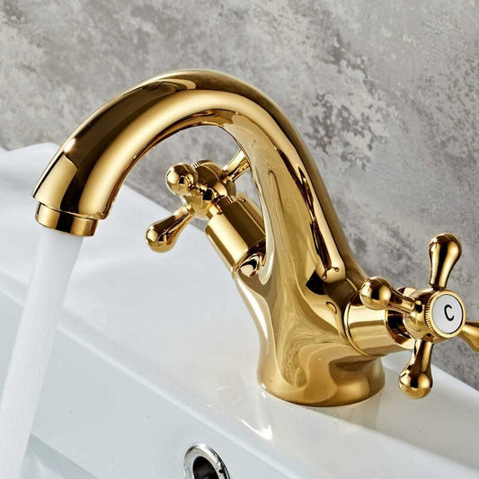 Set of 100 retro two-handle basin taps, in vintage antique brass, with cross handle, elegant design and V1188-MS-313-0483