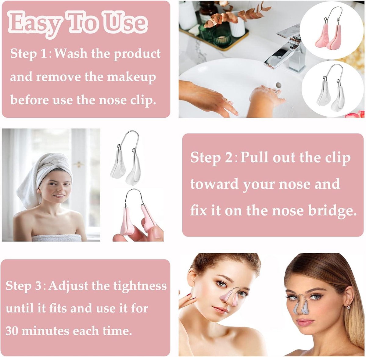 Silicone nose clips for women with wide noses (2 pieces) (transparent pink) V1188-MS-313-0515