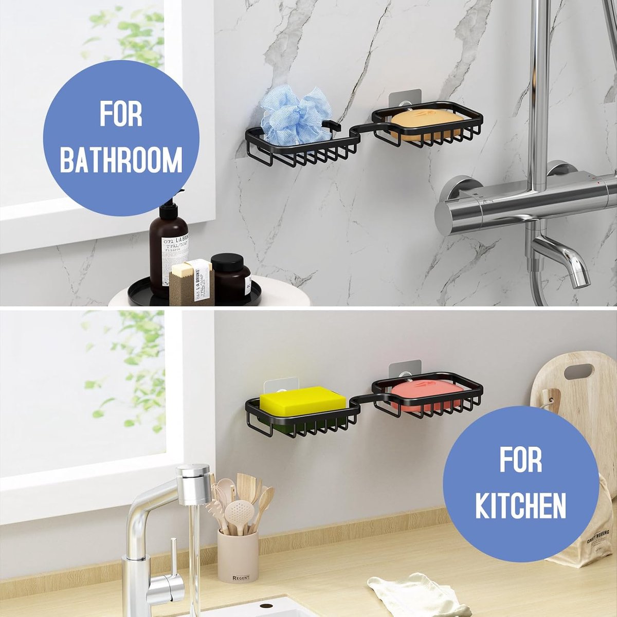 Soap dish - 2 pieces - Soap dish - Shower - Bathroom - Black - Self-adhesive - Space aluminum V1188-MS-313-0526