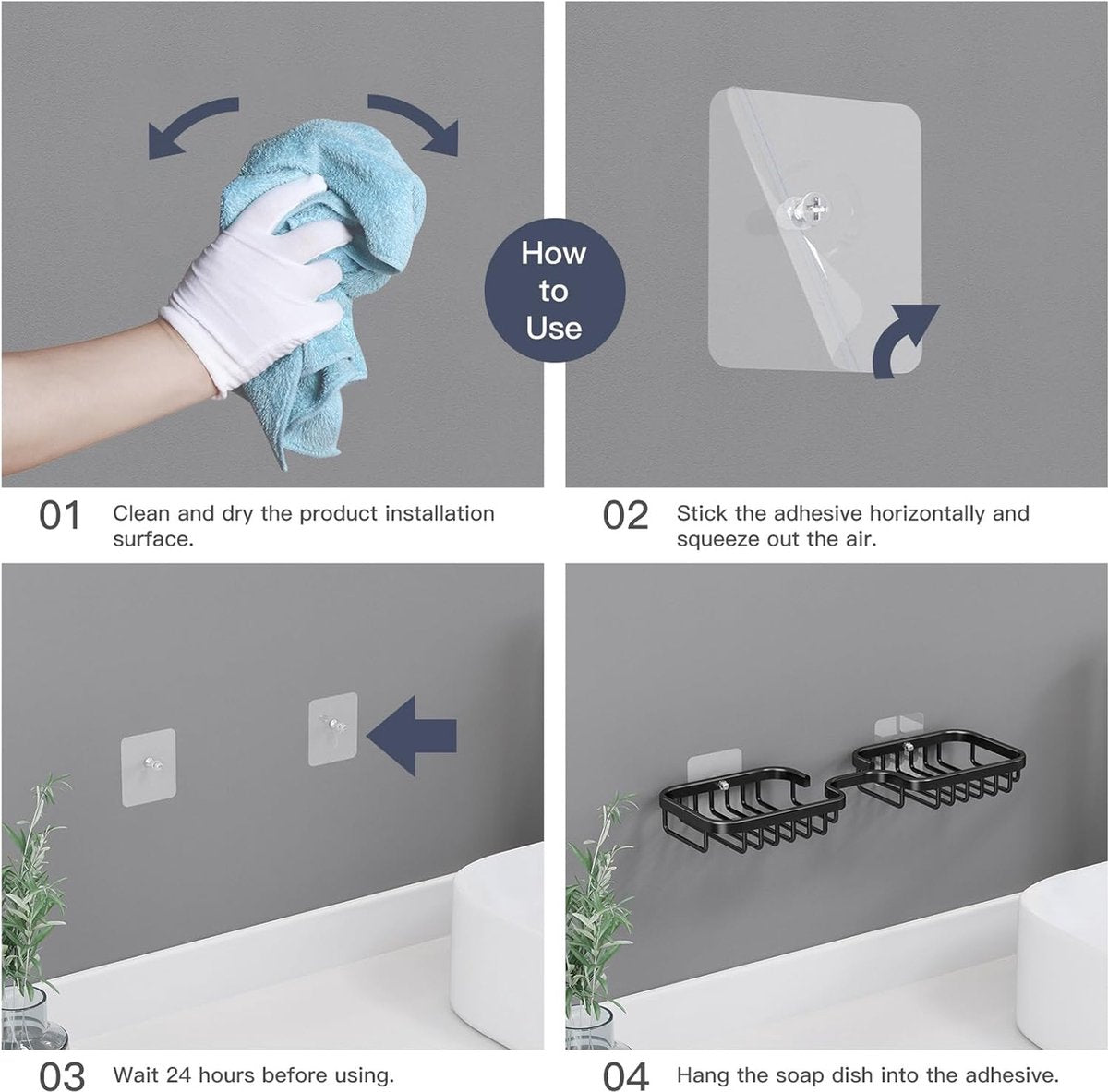 Soap dish - 2 pieces - Soap dish - Shower - Bathroom - Black - Self-adhesive - Space aluminum V1188-MS-313-0526