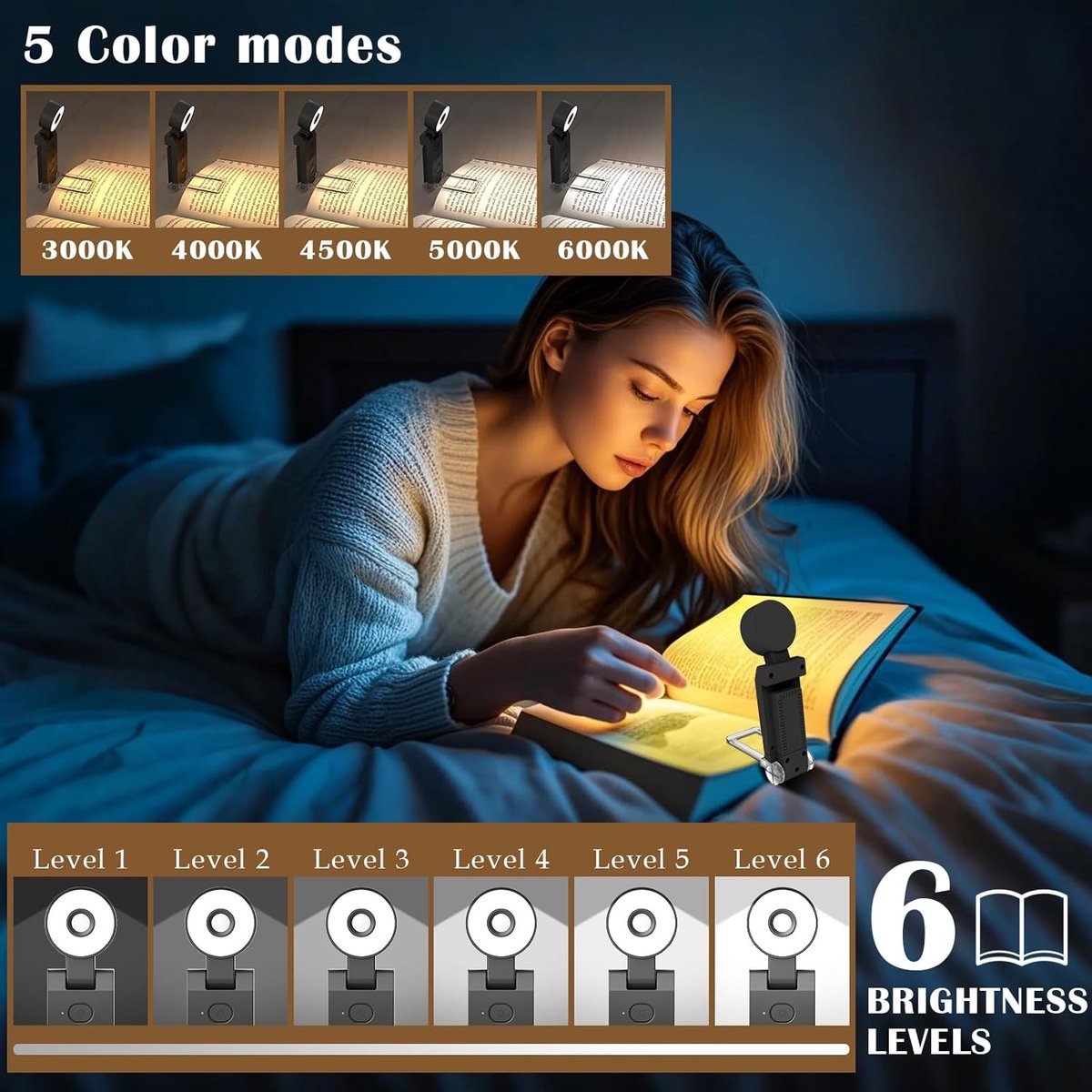 Reading light for books - For bed - With clip - Rechargeable - 5 settings - Bedside lamp - Black V1188-MS-313-0527