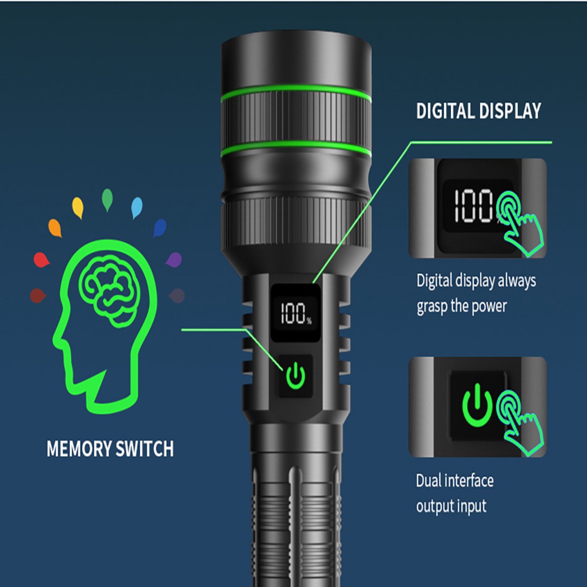 Rechargeable LED Flashlight - Military Flashlight - 5000 lumens - 26650 rechargeable battery - 6 modes - V1188-MS-313-0535