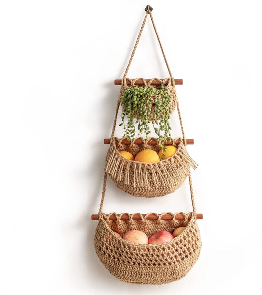 Hanging Fruit Basket - Hanging Storage - 3-Tier Over-the-Door Organizer - Woven Jute Wall Basket - Storage V1188-MS-313-0544