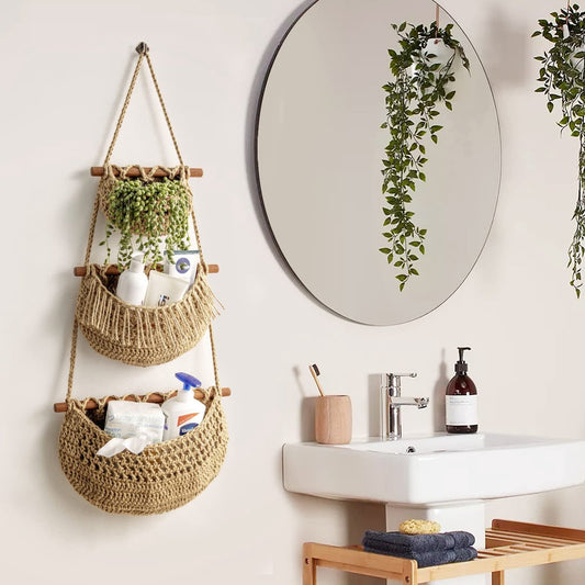 Hanging Fruit Basket - Hanging Storage - 3-Tier Over-the-Door Organizer - Woven Jute Wall Basket - Storage V1188-MS-313-0544