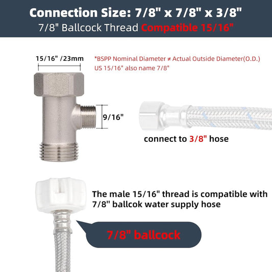 Bidet T-adapter, Metal T-valve for bidet (7/8" x 7/8" x 3/8") or (15/16" x 15/16" x 9/16"), 3-way T-connector V1188-MS-313-0545