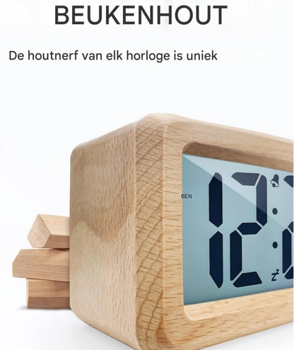Wekker digital alarm clock, wooden, with sensor module, large screen, desk clock, date and temperature V1188-MS-313-0571
