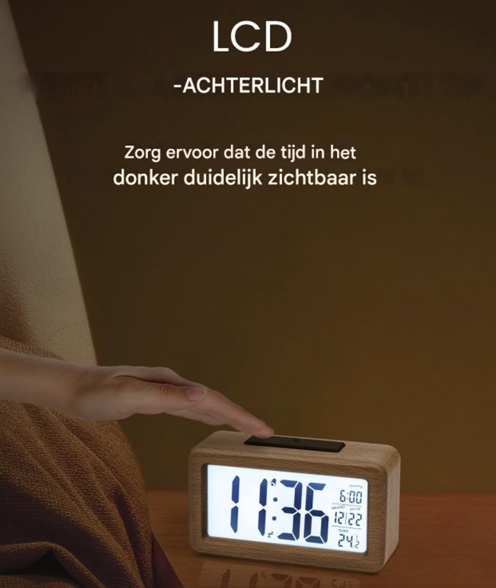 Wekker digital alarm clock, wooden, with sensor module, large screen, desk clock, date and temperature V1188-MS-313-0571