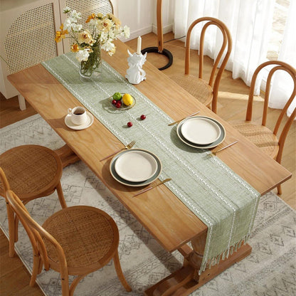 Striped Woven Table Runner - Embroidered Woven Table Runner with Tassels - Bohemian Style Striped Woven Table V1188-MS-313-0572