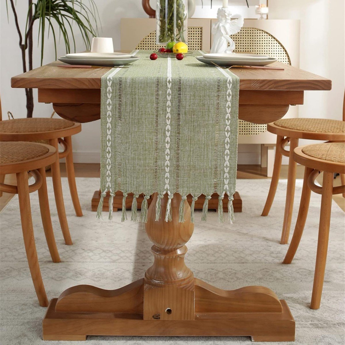 Striped Woven Table Runner - Embroidered Woven Table Runner with Tassels - Bohemian Style Striped Woven Table V1188-MS-313-0572