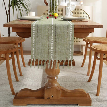 Striped Woven Table Runner - Embroidered Woven Table Runner with Tassels - Bohemian Style Striped Woven Table V1188-MS-313-0572