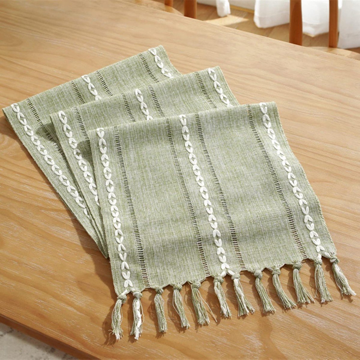 Striped Woven Table Runner - Embroidered Woven Table Runner with Tassels - Bohemian Style Striped Woven Table V1188-MS-313-0572