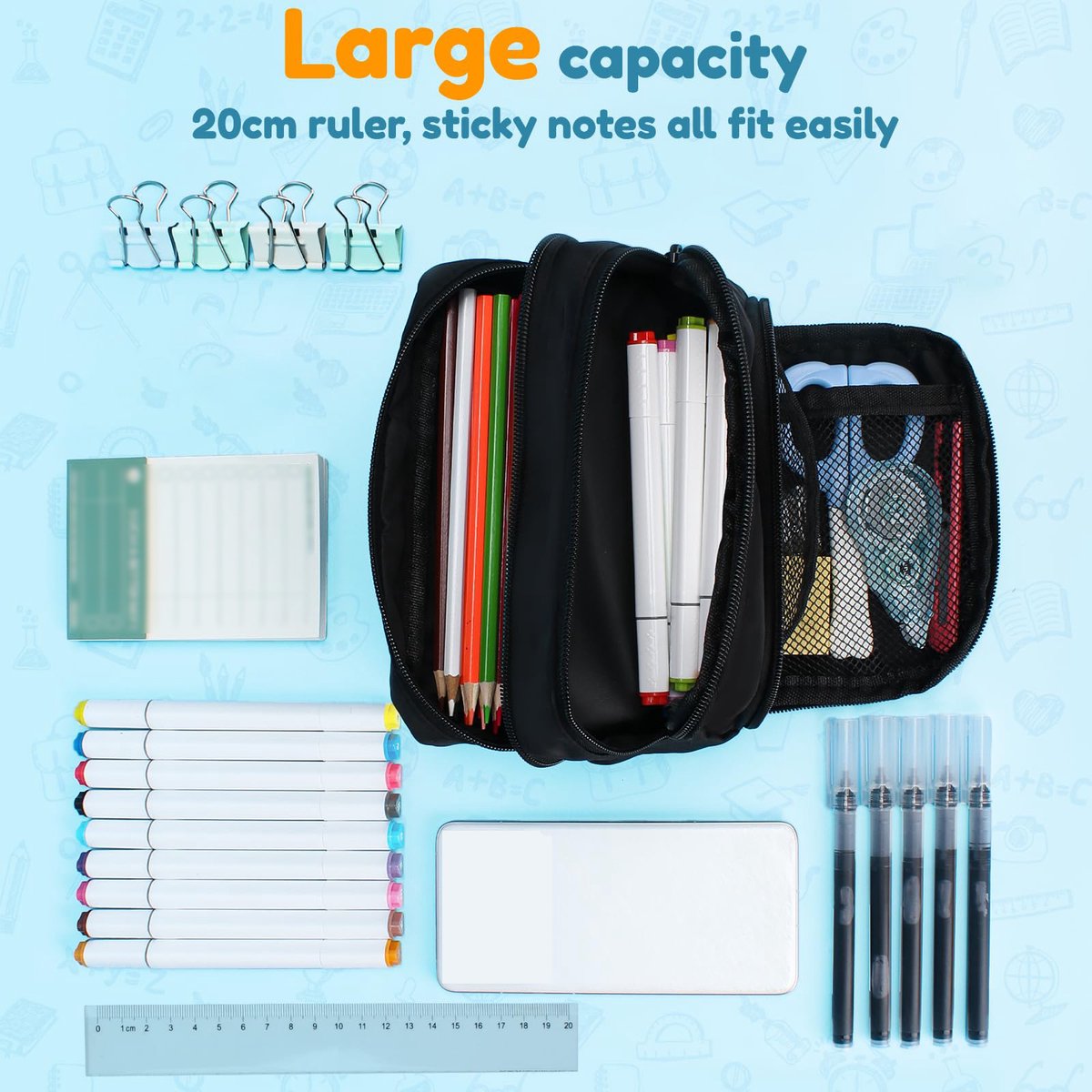 Large black pencil case with 3 compartments for school and office V1188-MS-313-0584
