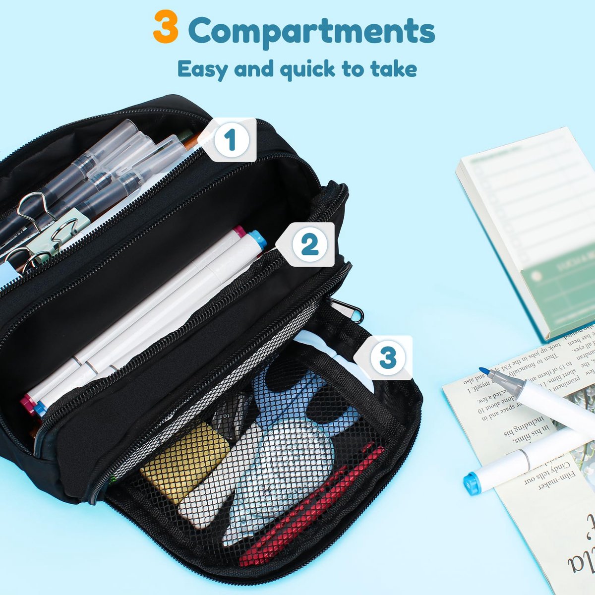 Large black pencil case with 3 compartments for school and office V1188-MS-313-0584