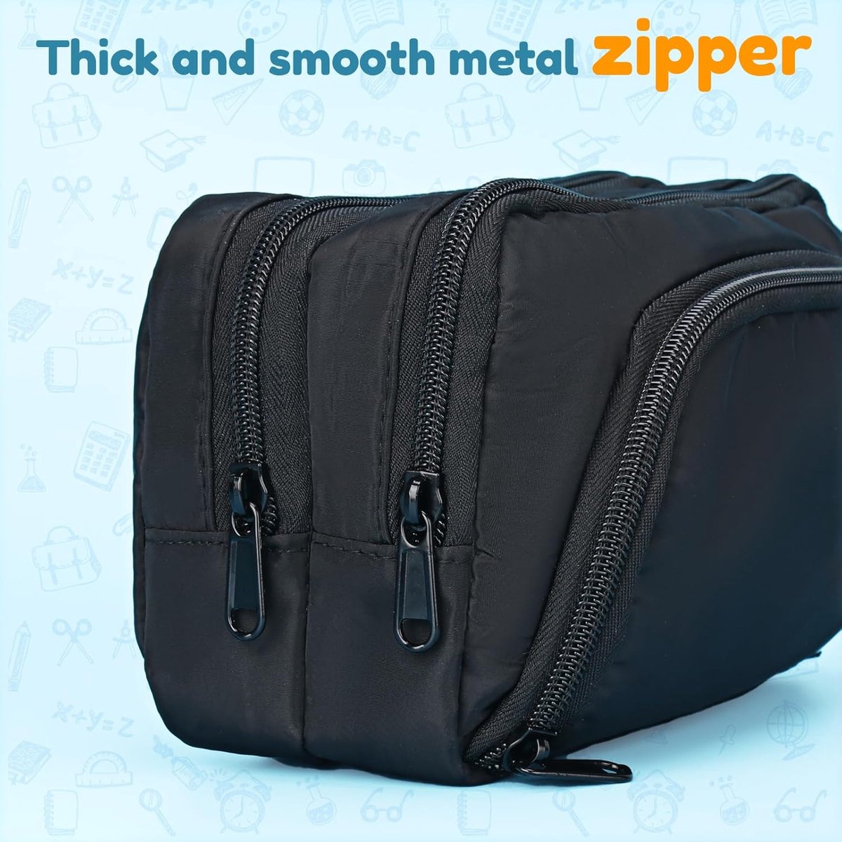 Large black pencil case with 3 compartments for school and office V1188-MS-313-0584