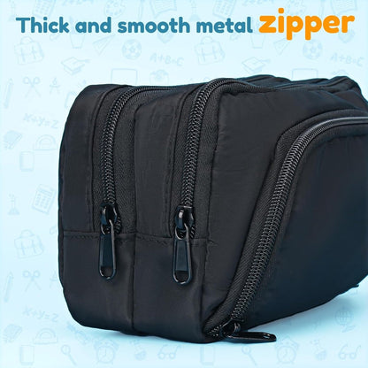 Large black pencil case with 3 compartments for school and office V1188-MS-313-0584