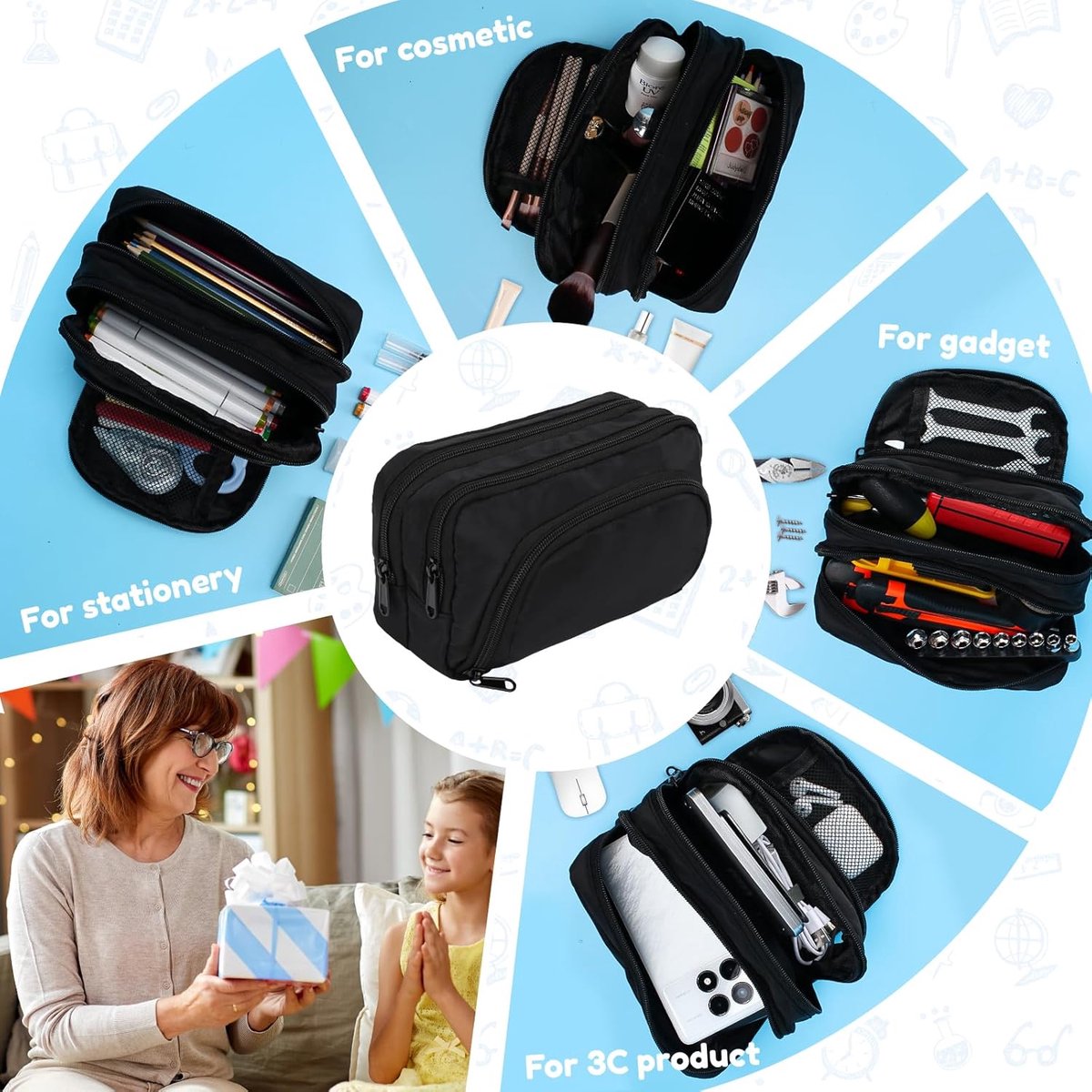Large black pencil case with 3 compartments for school and office V1188-MS-313-0584