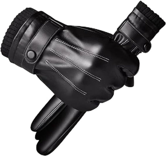 Winter Gloves - Men's Leather Winter Gloves - Black Lining - Warm Synthetic Leather - Touchscreen Compatible, V1188-MS-313-0594