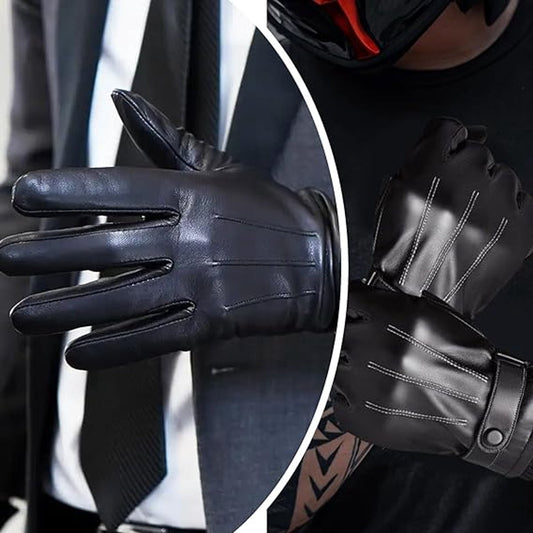 Winter Gloves - Men's Leather Winter Gloves - Black Lining - Warm Synthetic Leather - Touchscreen Compatible, V1188-MS-313-0594