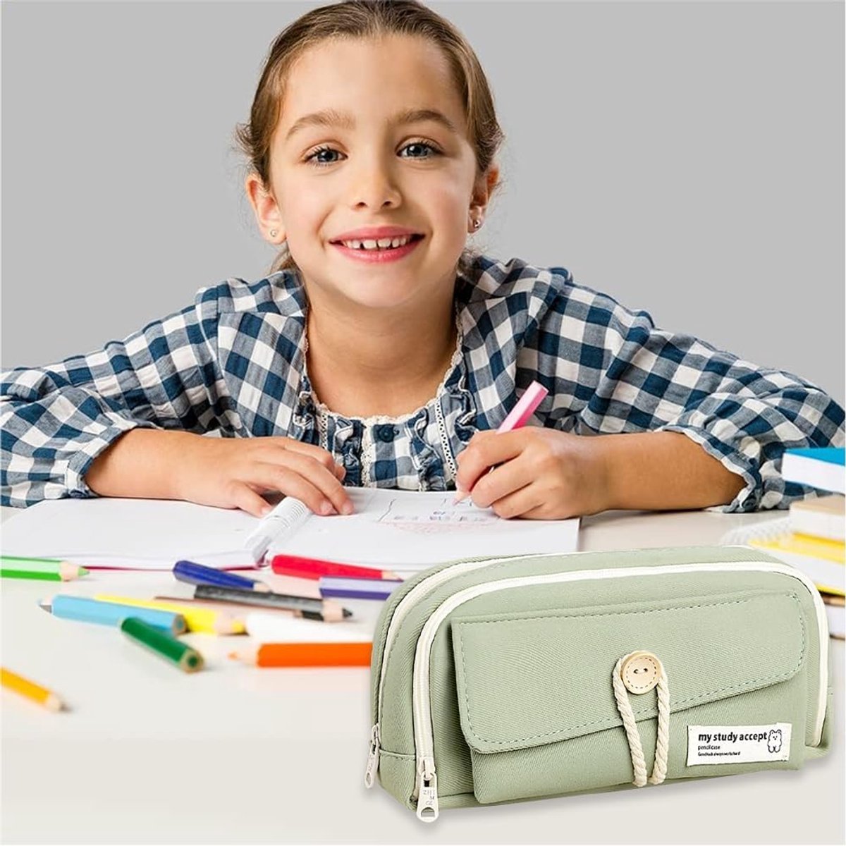 Expandable pencil case with 3 large compartments for girls, boys and students (light green), green, [light V1188-MS-313-0640