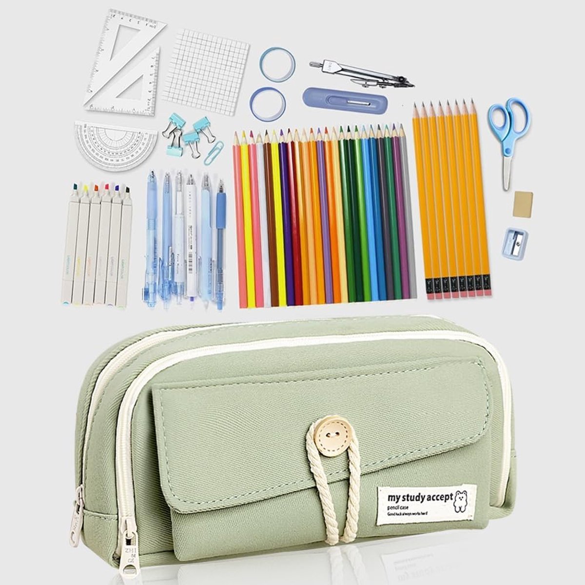 Expandable pencil case with 3 large compartments for girls, boys and students (light green), green, [light V1188-MS-313-0640