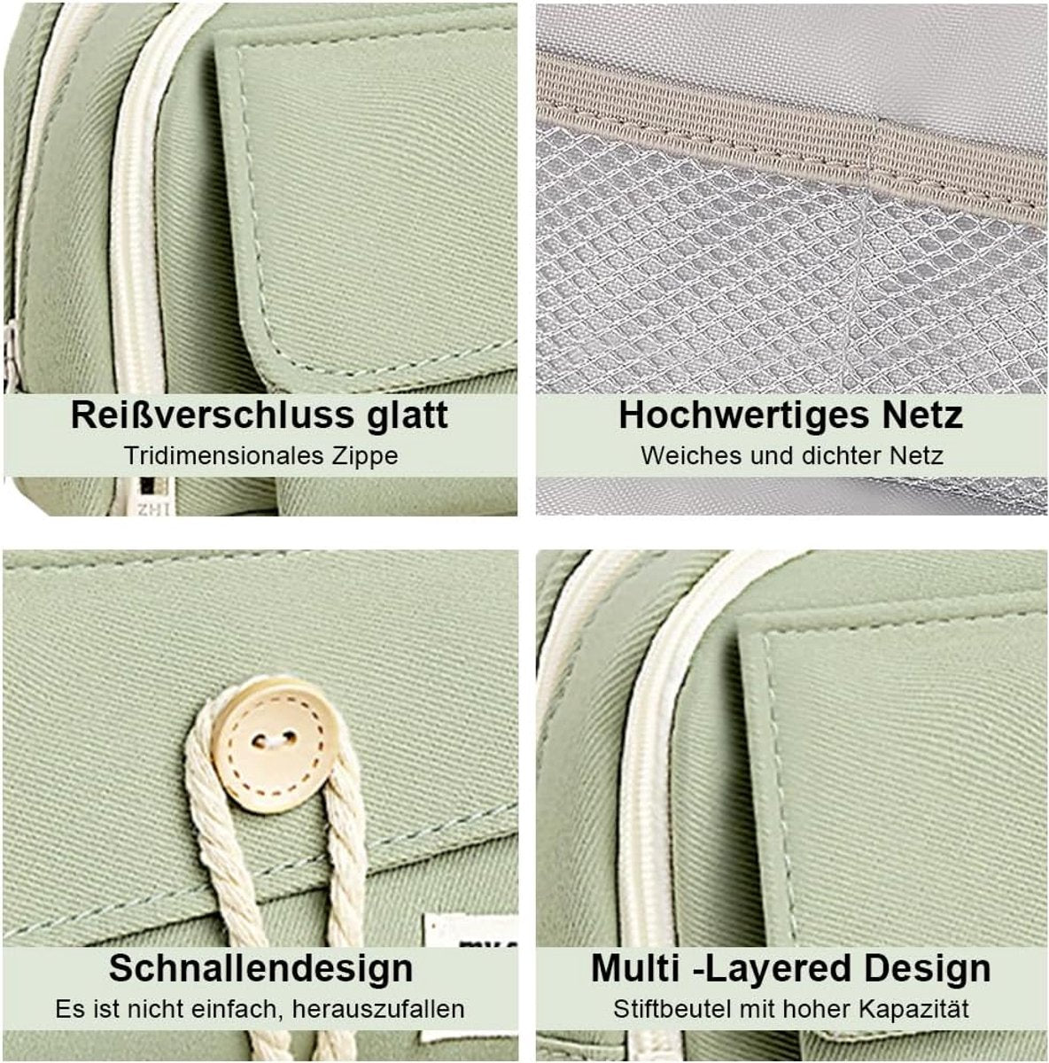 Expandable pencil case with 3 large compartments for girls, boys and students (light green), green, [light V1188-MS-313-0640