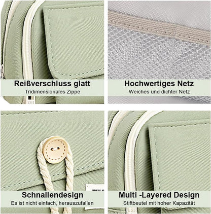 Expandable pencil case with 3 large compartments for girls, boys and students (light green), green, [light V1188-MS-313-0640