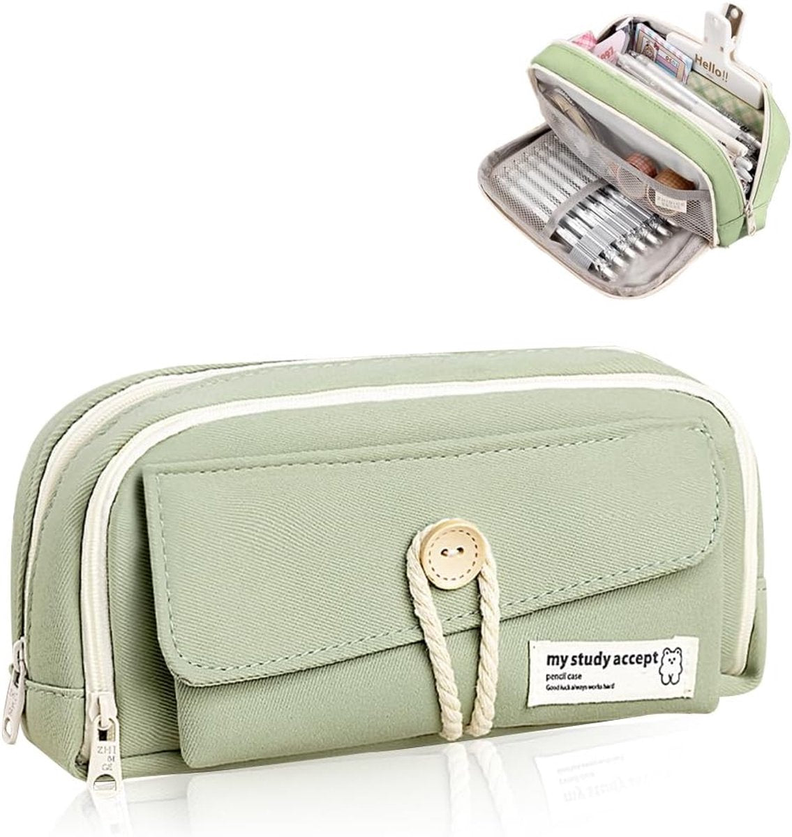 Expandable pencil case with 3 large compartments for girls, boys and students (light green), green, [light V1188-MS-313-0640