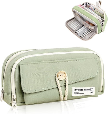 Expandable pencil case with 3 large compartments for girls, boys and students (light green), green, [light V1188-MS-313-0640