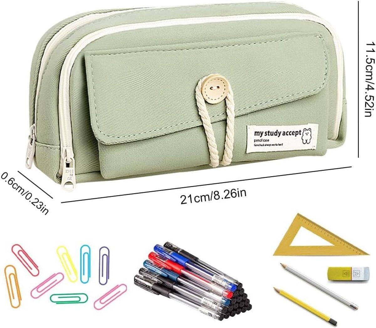 Expandable pencil case with 3 large compartments for girls, boys and students (light green), green, [light V1188-MS-313-0640