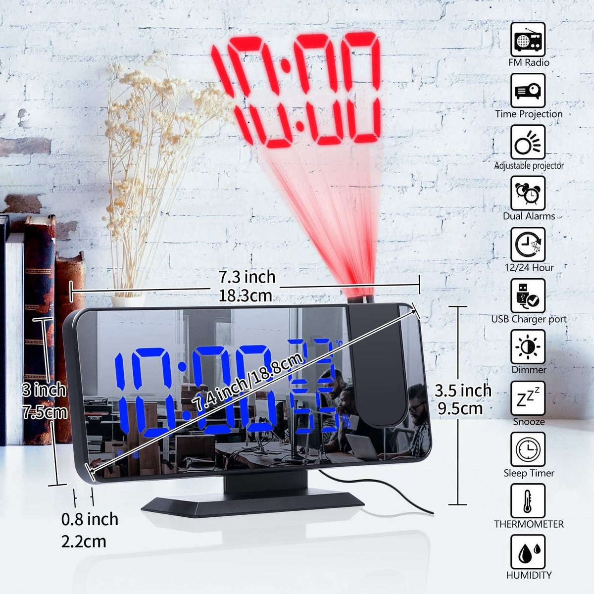 Radio Wekker digital projection with 4 dimmers and 180 degrees rotation - 2 sounds - Groot 7.4'' mirror V1188-MS-313-0655