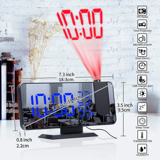 Radio Wekker digital projection with 4 dimmers and 180 degrees rotation - 2 sounds - Groot 7.4'' mirror V1188-MS-313-0655