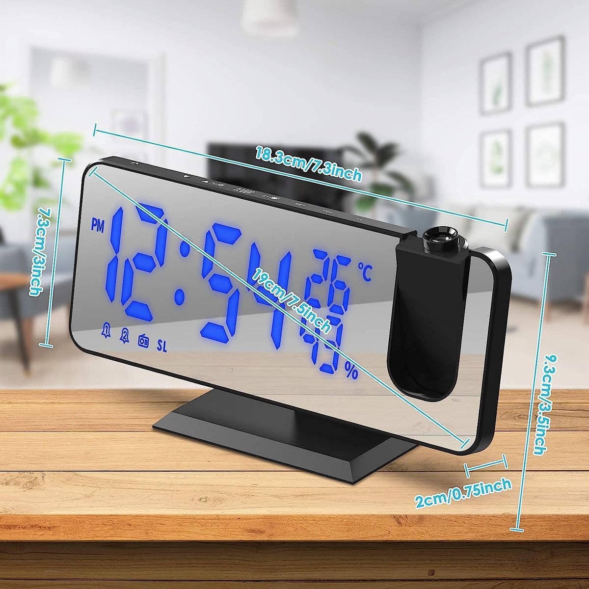 Radio Wekker digital projection with 4 dimmers and 180 degrees rotation - 2 sounds - Groot 7.4'' mirror V1188-MS-313-0655