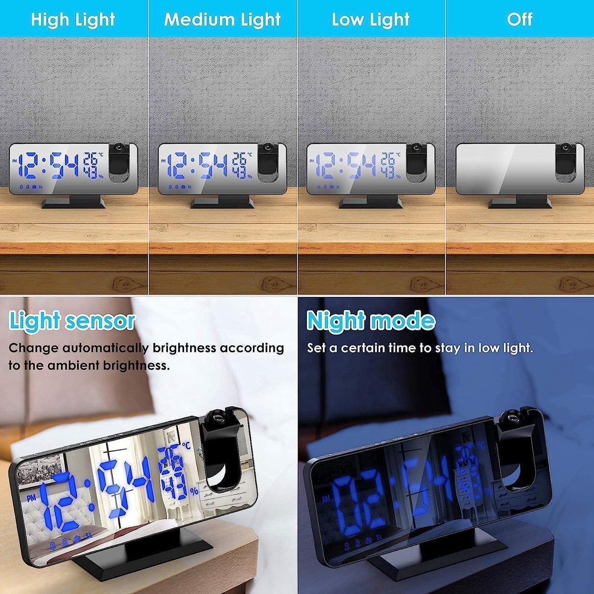 Radio Wekker digital projection with 4 dimmers and 180 degrees rotation - 2 sounds - Groot 7.4'' mirror V1188-MS-313-0655