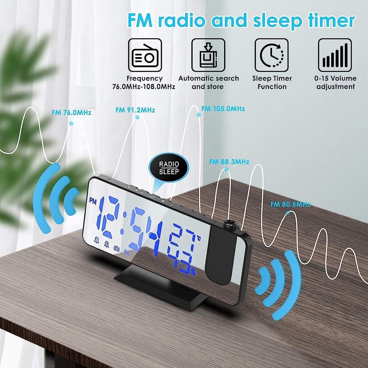 Radio Wekker digital projection with 4 dimmers and 180 degrees rotation - 2 sounds - Groot 7.4'' mirror V1188-MS-313-0655