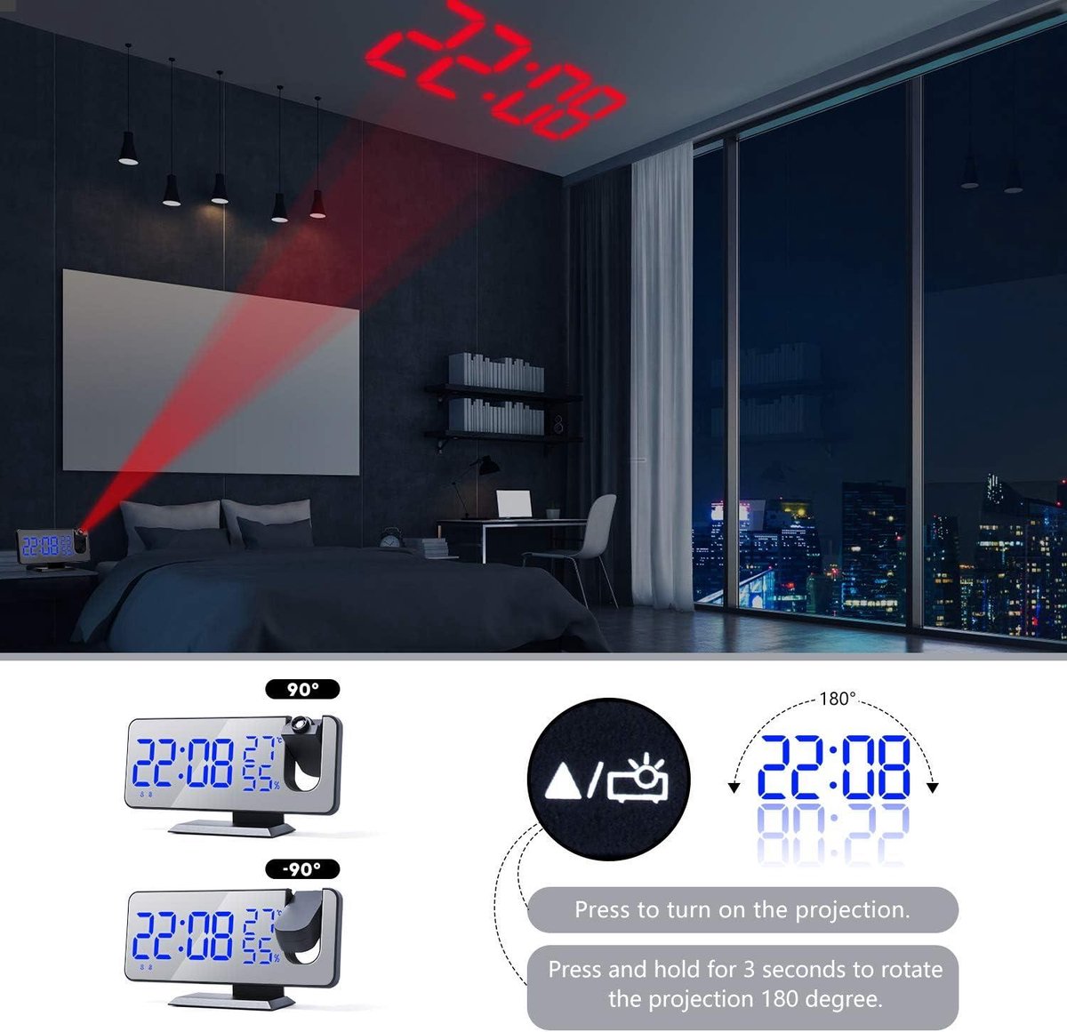 Radio Wekker digital projection with 4 dimmers and 180 degrees rotation - 2 sounds - Groot 7.4'' mirror V1188-MS-313-0655