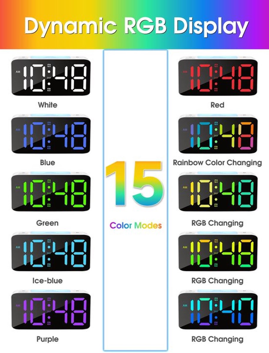 Digital Night Light - Extra Powerful - 7-Color Night Light - Ideal for Heavy Sleepers - Adjustable Volume and V1188-MS-313-0663