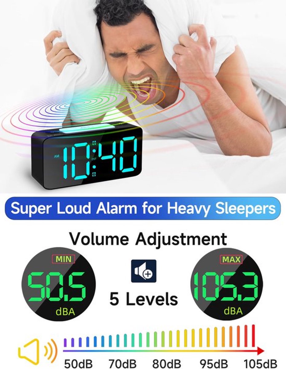 Digital Night Light - Extra Powerful - 7-Color Night Light - Ideal for Heavy Sleepers - Adjustable Volume and V1188-MS-313-0663