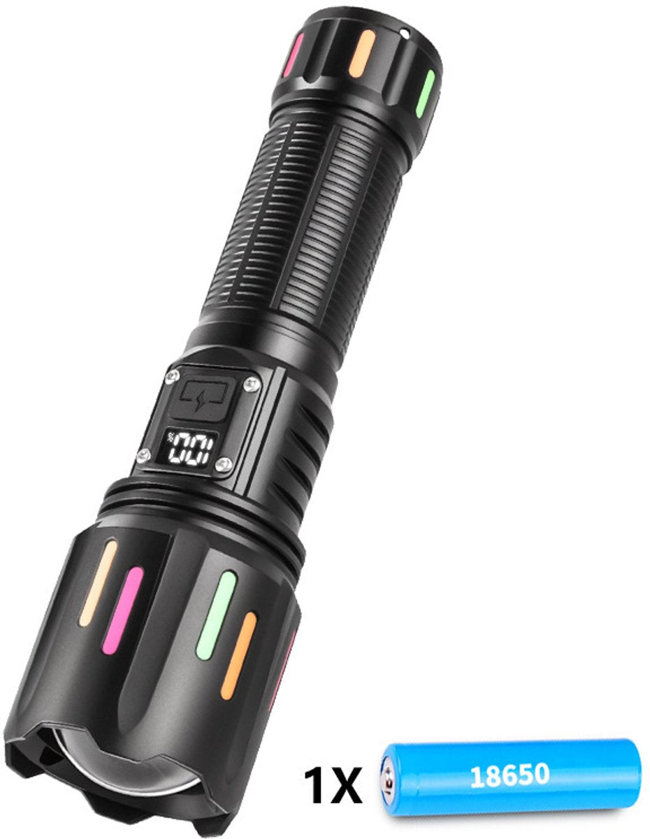 High power white laser LED flashlight, waterproof, rechargeable, Type-C, zoom function - including 18650 V1188-MS-313-0675