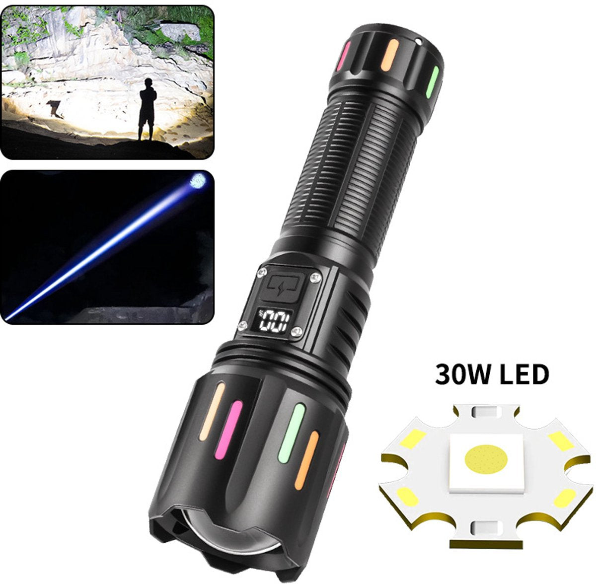 High power white laser LED flashlight, rechargeable zoom waterproof Type-C flashlight for outdoor use - V1188-MS-313-0677