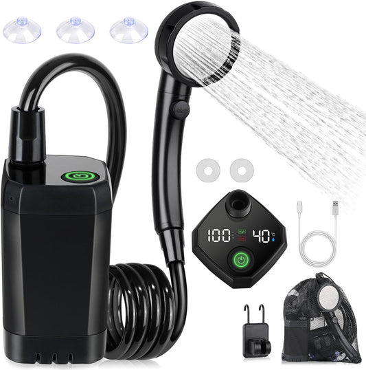 Portable Camping Shower - 6000mAh Rechargeable Shower Pump - With Smart LED Display - 4 Spray Modes - IPX7 V1188-MS-313-0687