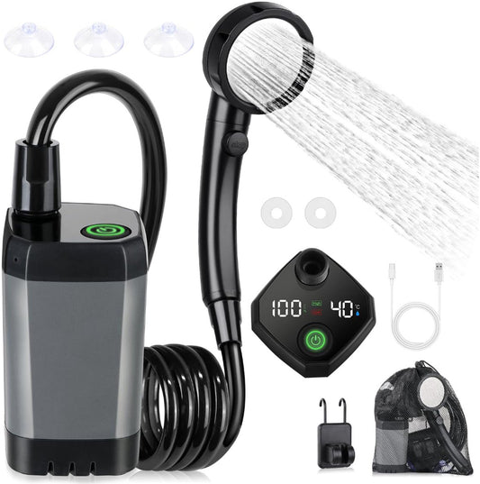 Portable Camping Shower - 6000mAh Rechargeable Shower Pump - With Smart LED Display - 4 Spray Modes - IPX7 V1188-MS-313-0688