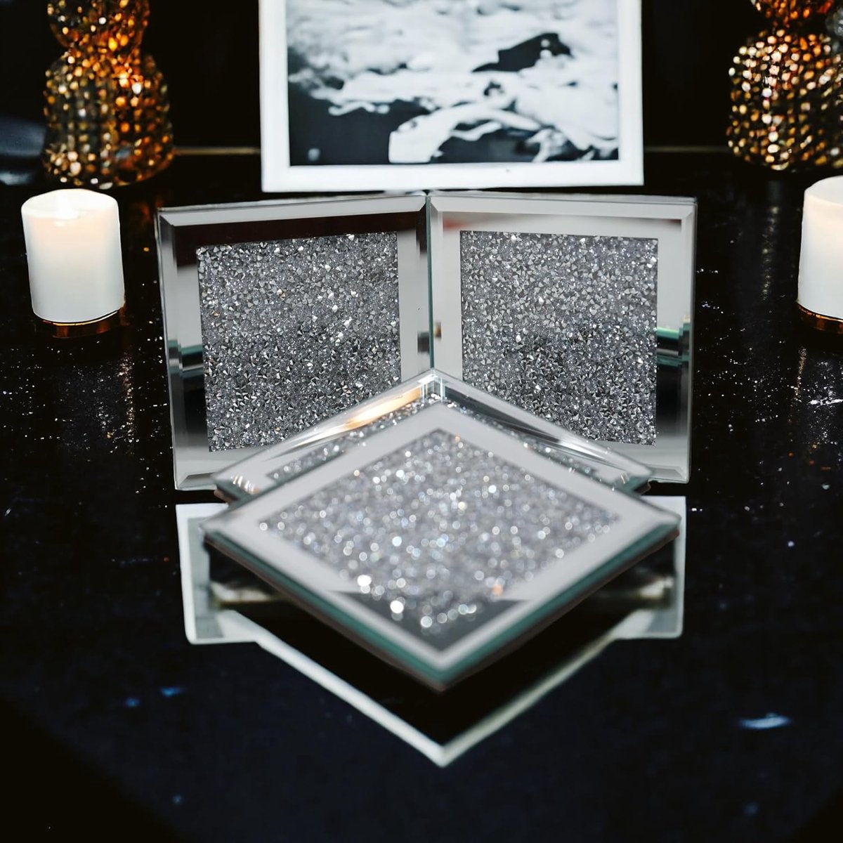 Set of 4 Mirror Effect Coasters - Crushed Diamond Coasters - Table Decor - With cut diamond crystal and V1188-MS-313-0731
