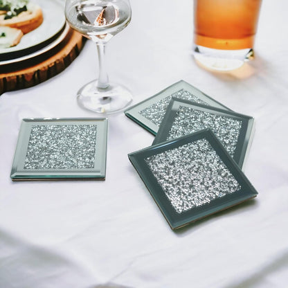 Set of 4 Mirror Effect Coasters - Crushed Diamond Coasters - Table Decor - With cut diamond crystal and V1188-MS-313-0731